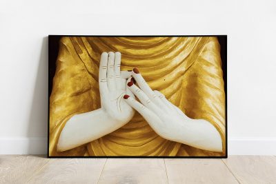Print of a symbolic gesture or Mudra of a statue of Buddha