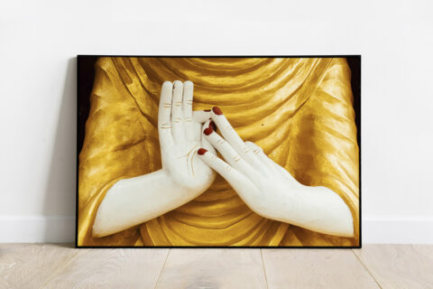 Print of a symbolic gesture or Mudra of a statue of Buddha