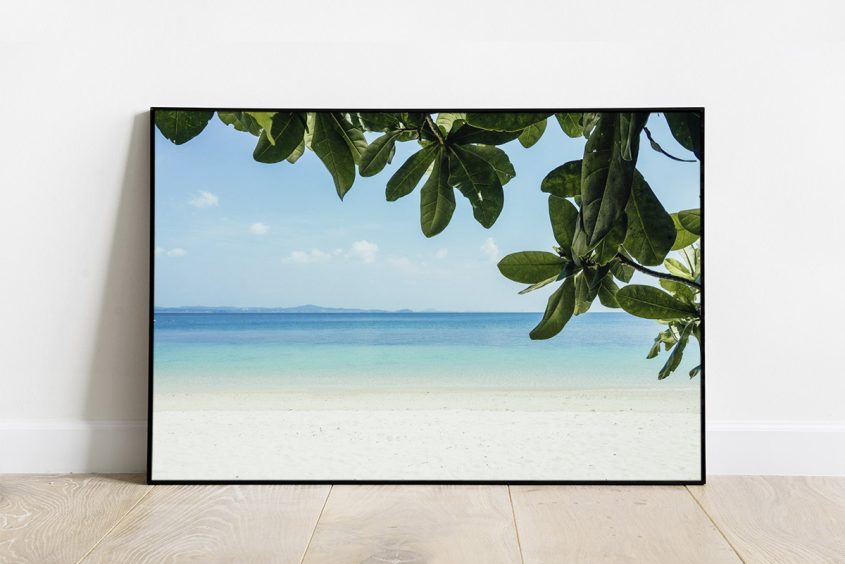 Print of a tropical beach with turquoise water and white sand